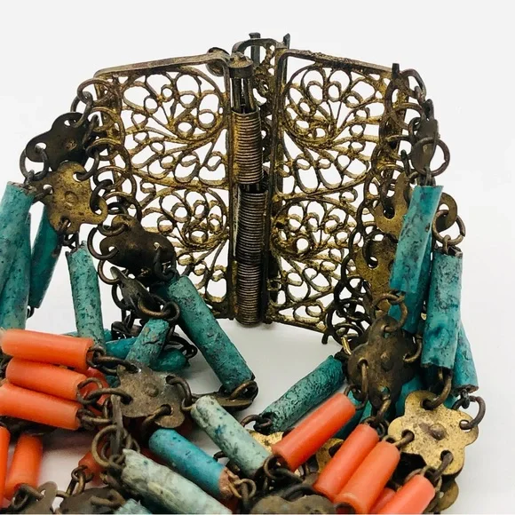 Rare Vintage Egyptian Revival Faience brass filigree bracelet - Picture 2 of 16